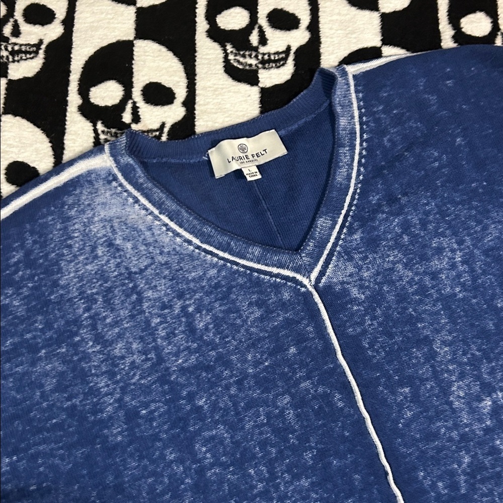 Laurie Felt Blue V-Neck Sweater with white trim accents in size Large - Picture 2 of 5